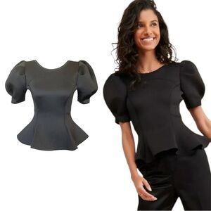 NWT Amanda Uprichard Puff Sleeve Peplum Elegant Black Sculpted Top 0134